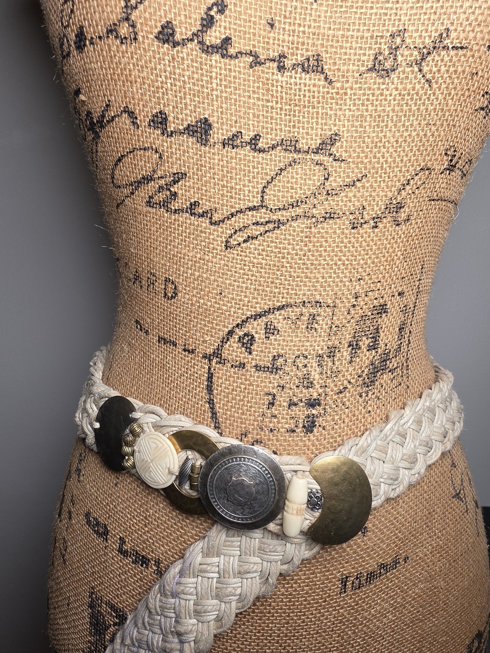 Cream Braided Rope Belt with Mixed Metal Accents